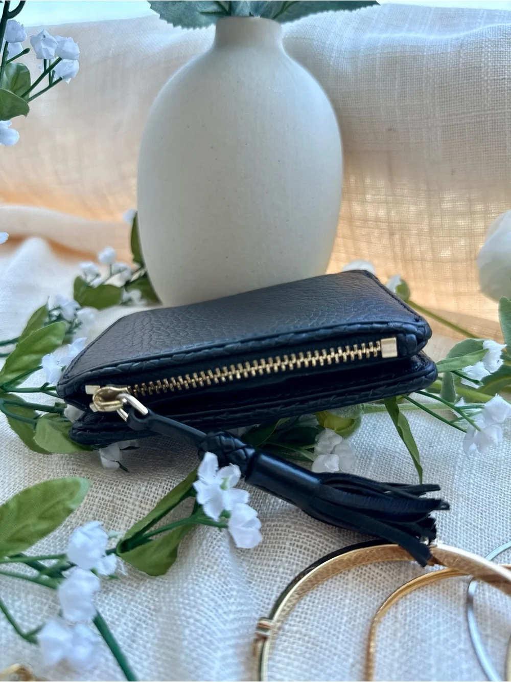 Tory Burch Taylor Mini Bifold Wallet Black Pebbled Leather Tassel